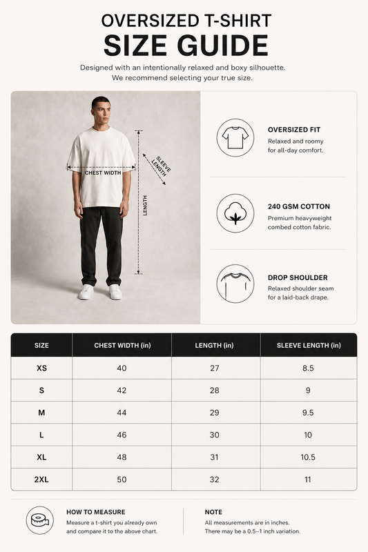 An oversized T-shirt size guide infographic showing a male model wearing a white T-shirt and black pants, with measurement lines indicating chest width, length, and sleeve length. The chart includes product features like oversized fit, 240 GSM cotton fabric, and drop shoulder, plus a size table from XS to 2XL with measurements.