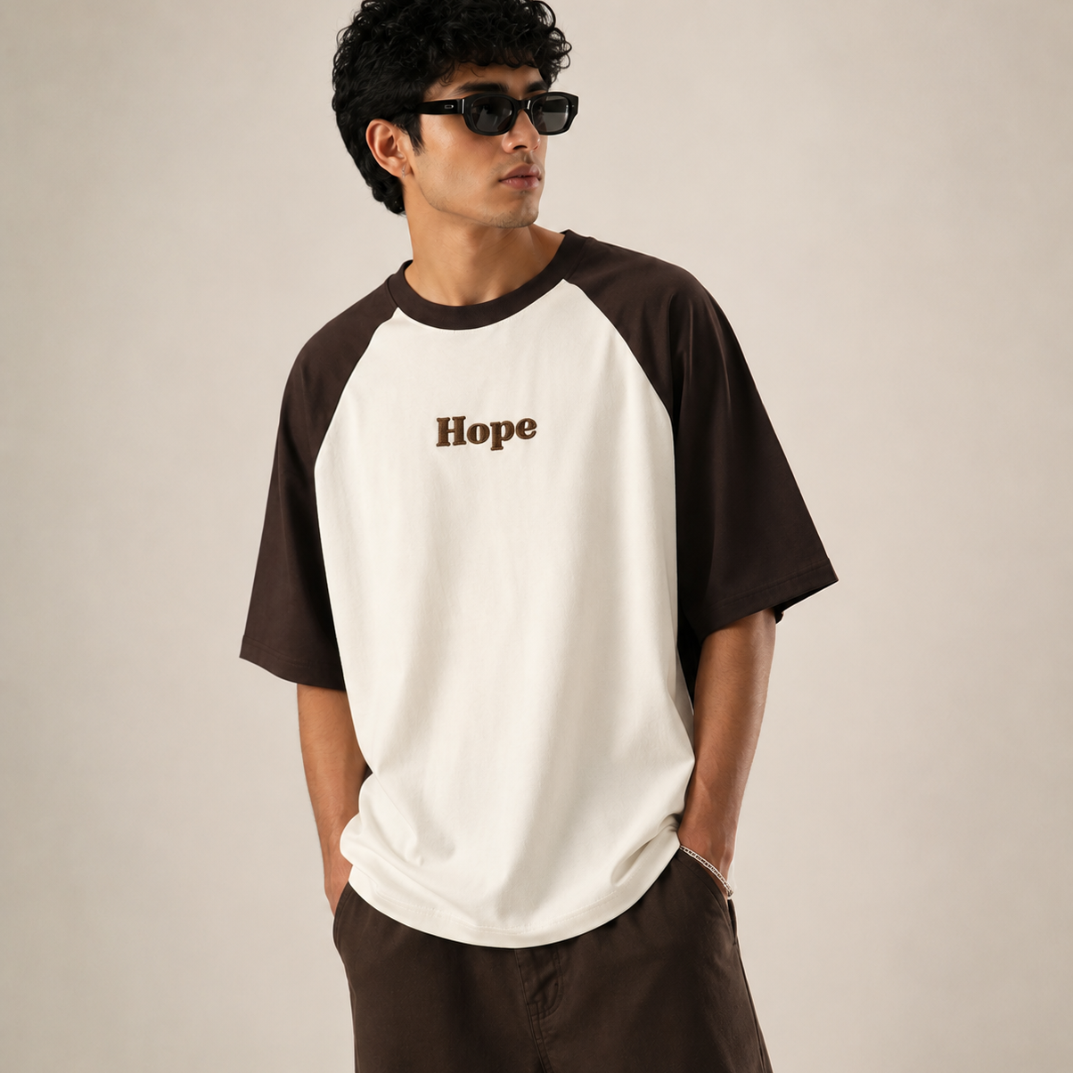 Hope Embroidered Raglan Oversized T-Shirt – Coffee Brown & Off White | Premium Streetwear